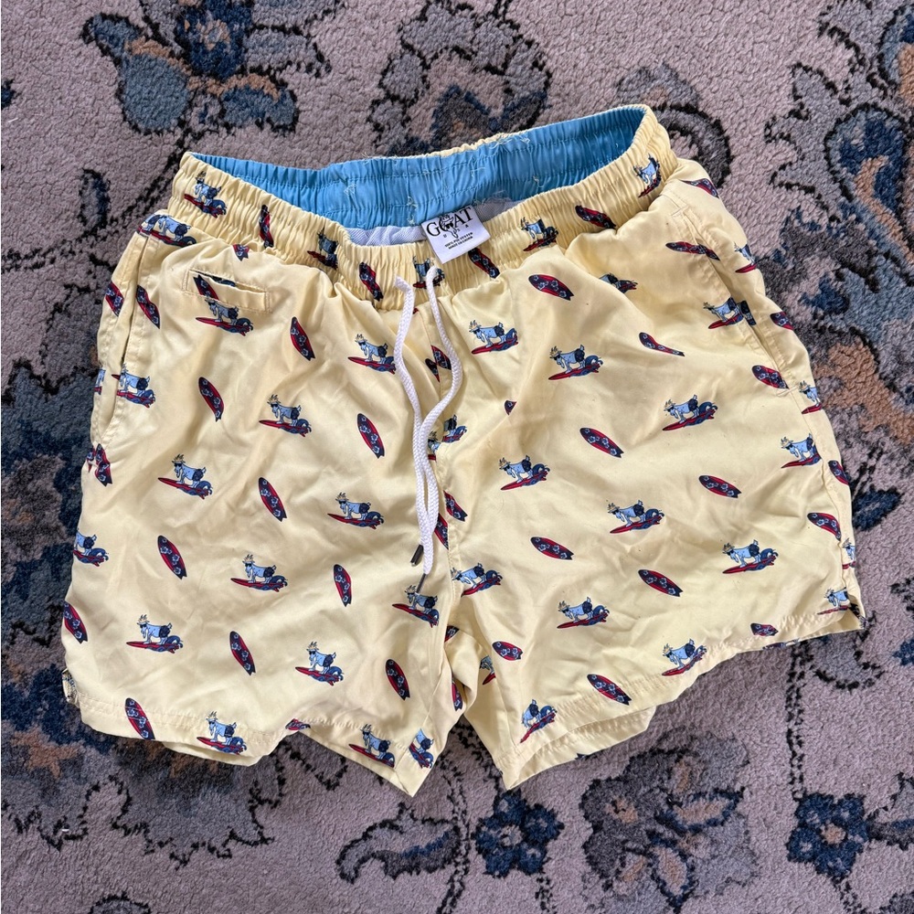 Goat Yellow Surfboard Print Boys Swim Trunks